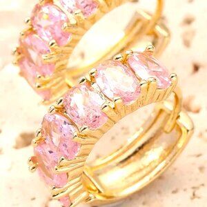 18K GOLD DIPPED PINK CUBIC ZIRCONIA ELLIPSE SHAPED STONE SET IN COPPER EARRING